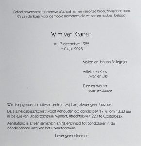 In memoriam Willem van Kranen 1